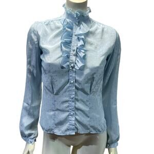 Jo Matthews Blue Ruffle Victorian Style Button Down Blouse Medium 80s
